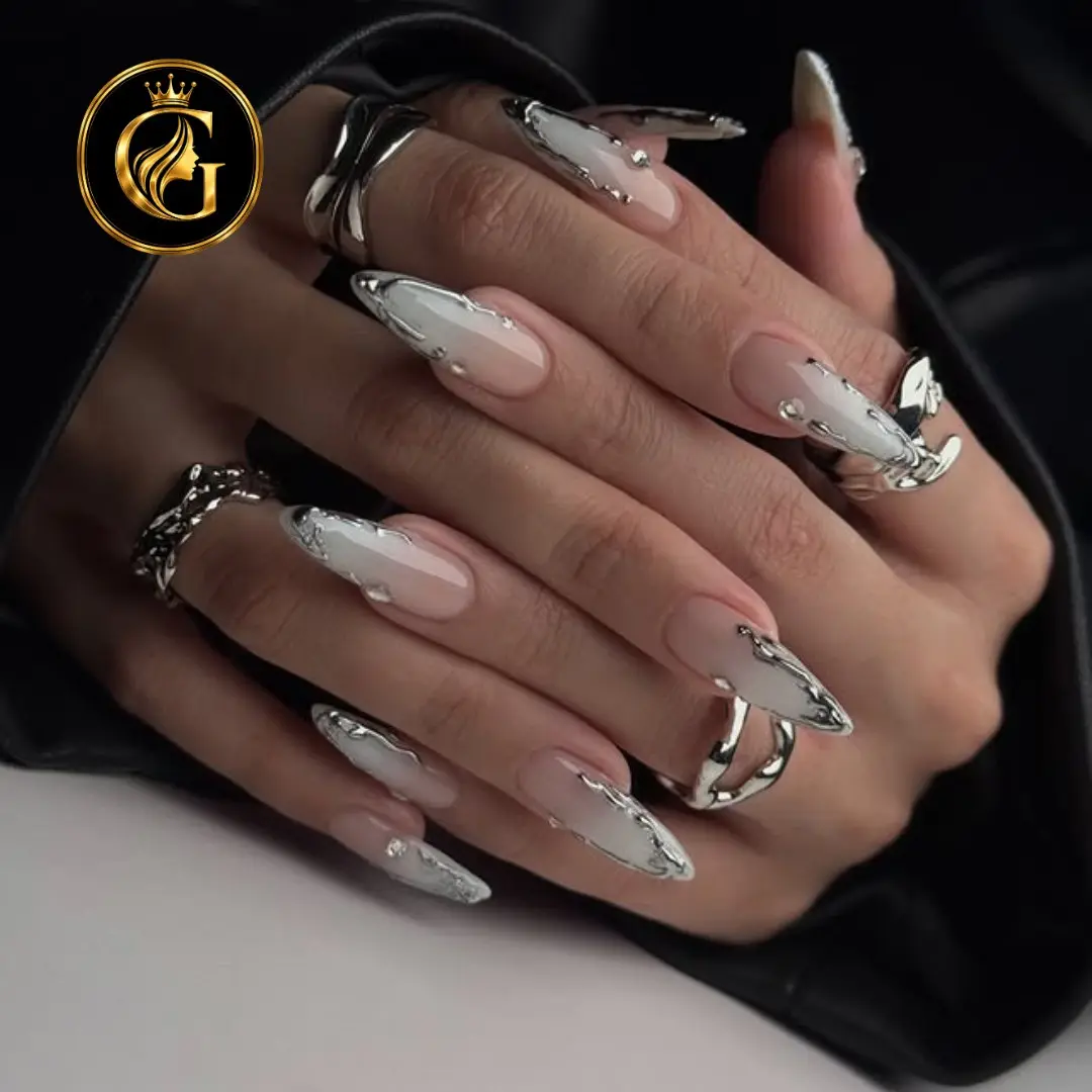 Luxury manicure – elegant hands with glossy nude polish