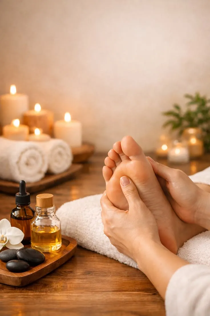 Warm stone towel pedicure treatment process close-up